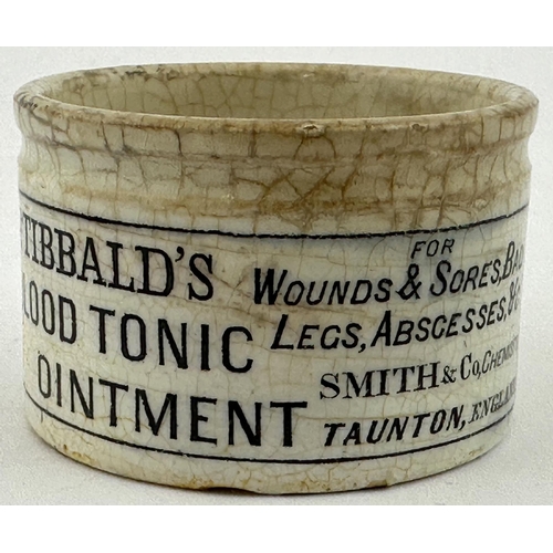 528 - DR TIBBALDS BLOOD TONIC OINTMENT POT. OP p137. A rare Taunton, Somerset, small, wide bodied, pot. Fr... 