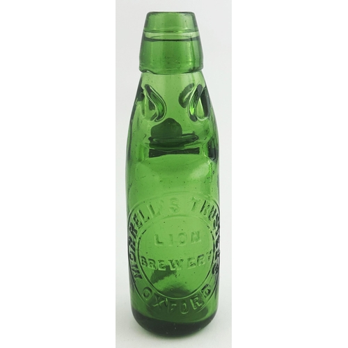 532 - MORRELLS TRUSTEES OXFORD CODD BOTTLE. 7.4ins tall. Absolutely stunning bright green glass, 6oz capac... 