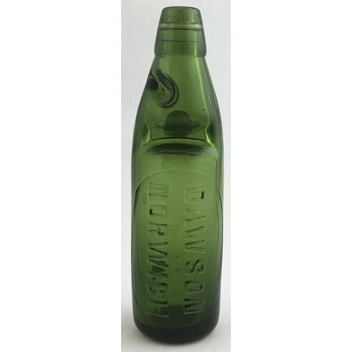 537 - DAWSON NORWICH CODD BOTTLE. 9ins tall, 10oz capacity, dark green glass. Another exceptional conditio... 