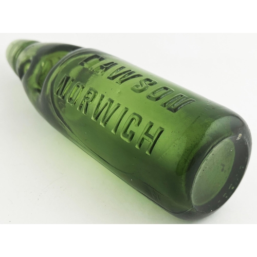 537 - DAWSON NORWICH CODD BOTTLE. 9ins tall, 10oz capacity, dark green glass. Another exceptional conditio... 