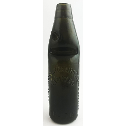 539 - SCOTTISH COOPERATIVE WHOLESALE SOCIETY BLACK GLASS CODD BOTTLE. 9ins tall. Dense black/ very dark ol... 