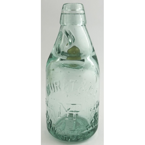 540 - MURAT & CO MANCHESTER COLOURED MARBLE DUMPY CODD. 7.25ins tall. Sparkling aqua glass 10oz capacity c... 