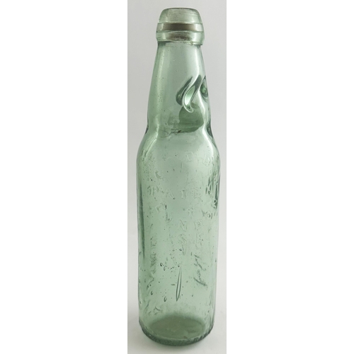 542 - EGREMONT NARROW NECK CODD BOTTLE. 9.6ins tall. Extraordinary narrow bodied aqua early Cumbrian codd,... 