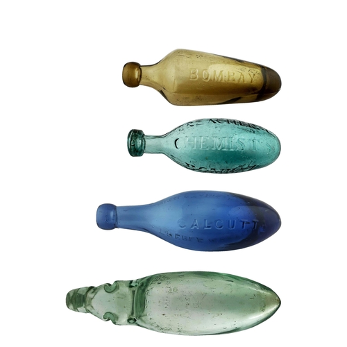 543 - BOMBAY AMBER HAMILTON BOTTLE. 8.6ins long. Unusual cone shape, blob/ cork top. Honey amber, glass ha... 