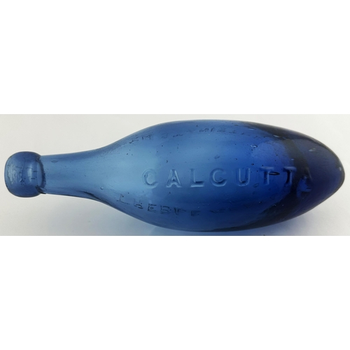 545 - EXTRA LARGE CALCUTTA BLUE HAMILTON BOTTLE. 9.2ins long, rounded blob/ cork lip. Wonderful mid blue g... 