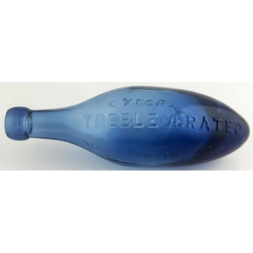 545 - EXTRA LARGE CALCUTTA BLUE HAMILTON BOTTLE. 9.2ins long, rounded blob/ cork lip. Wonderful mid blue g... 