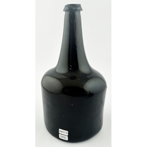 557 - ENGLISH 1757 DATED SEALED WINE BOTTLE. 9.3ins tall. Crude black glass/ dark green, collared string r... 