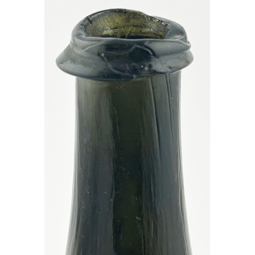 558 - ENGLISH MALLET SEALED 1736 DATED WINE BOTTLE. 7.5ins tall. Black glass/ dark green glass mallet, ful... 