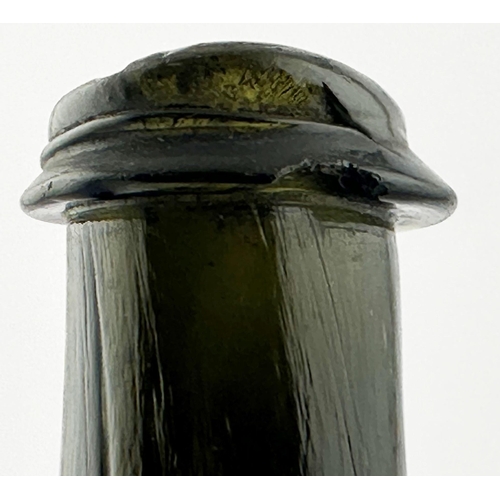 558 - ENGLISH MALLET SEALED 1736 DATED WINE BOTTLE. 7.5ins tall. Black glass/ dark green glass mallet, ful... 