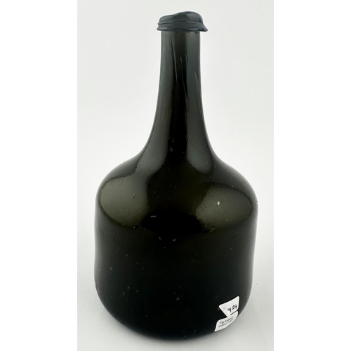 558 - ENGLISH MALLET SEALED 1736 DATED WINE BOTTLE. 7.5ins tall. Black glass/ dark green glass mallet, ful... 