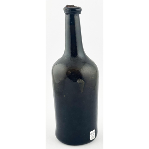 559 - ENGLISH 1797 DATED SEALED WINE BOTTLE. 11.5ins tall. Black glass/ dark green cylinder, super crude d... 