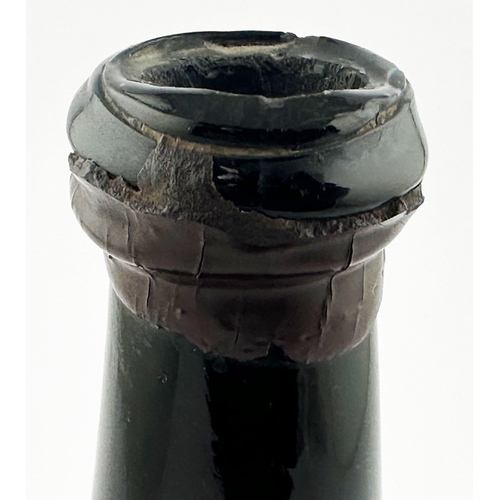 560 - 1802 SEALED DATED ENGLISH WINE BOTTLE. 11ins tall. Black/ dark green glass mallet, double collar lip... 