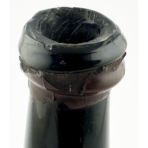 560 - 1802 SEALED DATED ENGLISH WINE BOTTLE. 11ins tall. Black/ dark green glass mallet, double collar lip... 