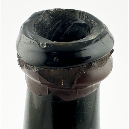 560 - 1802 SEALED DATED ENGLISH WINE BOTTLE. 11ins tall. Black/ dark green glass mallet, double collar lip... 