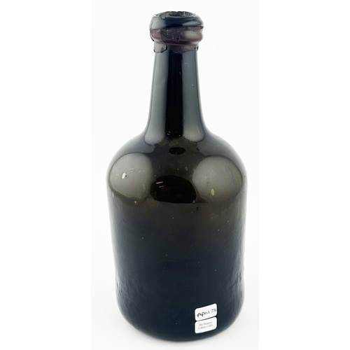 560 - 1802 SEALED DATED ENGLISH WINE BOTTLE. 11ins tall. Black/ dark green glass mallet, double collar lip... 