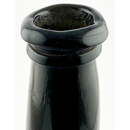 561 - 1815 SEALED DATED ENGLISH WINE BOTTLE. 11ins tall. Black/ dark green glass cylinder, crude double co... 