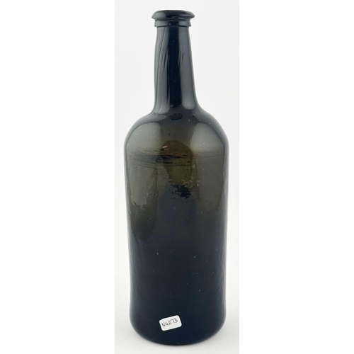 561 - 1815 SEALED DATED ENGLISH WINE BOTTLE. 11ins tall. Black/ dark green glass cylinder, crude double co... 