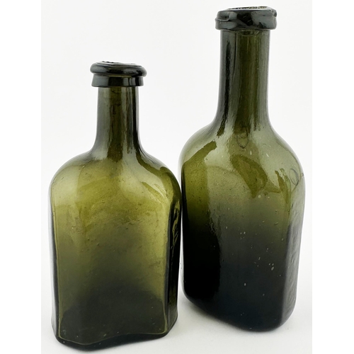 565 - ENGLISH FREEBLOWN UTILITY BOTTLE. 5 ins tall. Very dark green/ black glass. Rectangular base, facett... 