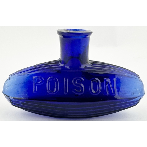 568 - SUBMARINE POISON BOTTLE. DP pg 24. 2.4ins tall, 4ins long, cobalt blue glass. Classic familiar uniqu... 