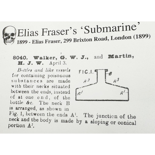 568 - SUBMARINE POISON BOTTLE. DP pg 24. 2.4ins tall, 4ins long, cobalt blue glass. Classic familiar uniqu... 