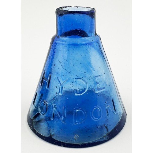 498 - HYDE INK BOTTLE. 2.6ins tall, sheared lip. Fabulously mid blue, few swirls, glass cone. Flat base. L... 