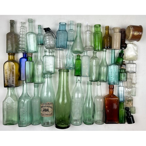 291 - GLASS GROUP. Labelled CROSSE & BLACKWELL, amber SALVANOS, 2 x poisons (reg no, cobalt, ribbed aqua, ... 