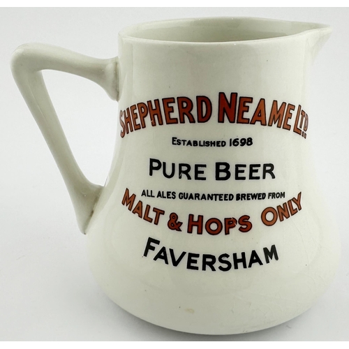 11 - SHEPHERD NEAME LTD JUG. 5ins tall. White ceramic with red & black transfer, SHEPHERD NEAME LTD/ PURE... 