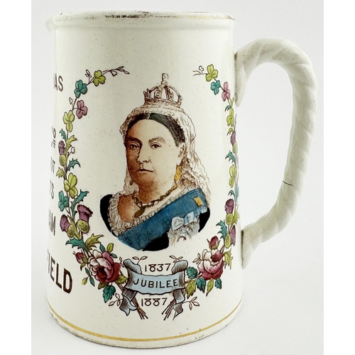 14 - BIRMINGHAM & CHESTERFIELD JUG. 5.2ins tall. White tapering cylinder featuring ornate & colourful tra... 