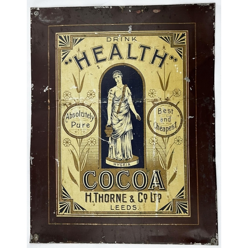 19 - LEEDS HEALTH COCOA TIN SIGN. 16 x 12.5ins. Printed tin sign for HEALTH COCOA, company name H Thorne ... 