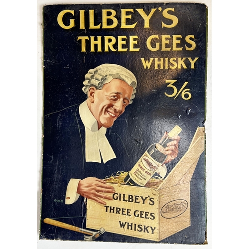 20 - GILBEYS THREE GEES WHISKY SHOWCARD. 18.3 x 26ins. Multi coloured large thick showcard, image of bewi... 