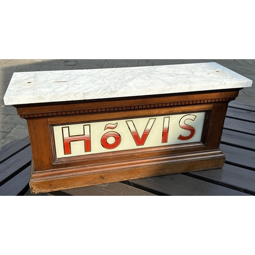 35 - HOVIS SHOP COUNTER TOP DISPLAY UNIT. 27 x 9 x 12.7ins. Unusual heavy wood, marble topped, counter to... 