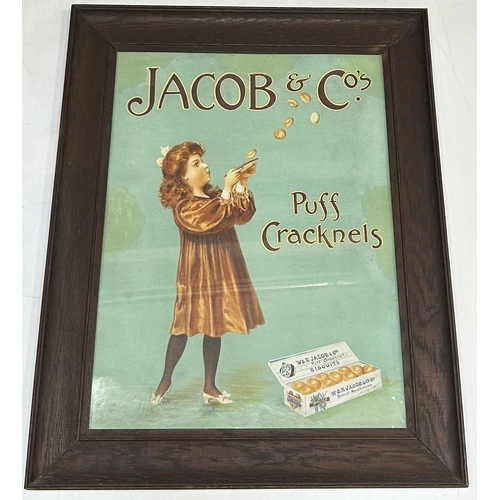 4 - JACOB PUFF CRACKERS FRAMED SHOWCARD. Frame size 21.9 x 27.2ins (shown here minus frame. Period dress... 