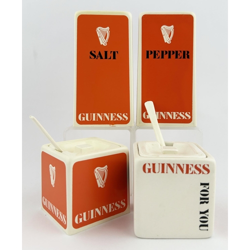 56 - GUINNESS KITCHEN CONDIMENT ITEMS. Tallest mustard 2.5ins. 3 plastic & 1 ceramic item. Striking orang... 