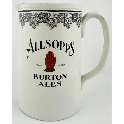 59 - ALLSOPPS BURTON ALES WATER JUG. 6.2ins tall. Tapering cylinder, familiar red hand logo each side. Go... 