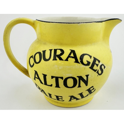 64 - COURAGE & CO ALTON JUG. 4.1ins tall. Bulbous bodied yellow jug with black transfer. Cockerel to fron... 