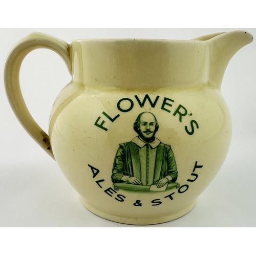 66 - FLOWERS & SONS JUG. 4.1ins tall. Bulbous bodied cream colour ceramic, green transfer each side with ... 