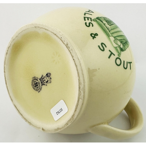 66 - FLOWERS & SONS JUG. 4.1ins tall. Bulbous bodied cream colour ceramic, green transfer each side with ... 