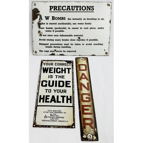 114 - TRIO OF ENAMEL SIGNS. 11.9ins tallest - DANGER. An interesting trio - obvious chips/ wear. (3).