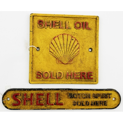 115 - SHELL OIL CAST IRON SIGN DUO. Square one 6.5ins. Two small painted cast Shell decorative garage sign... 