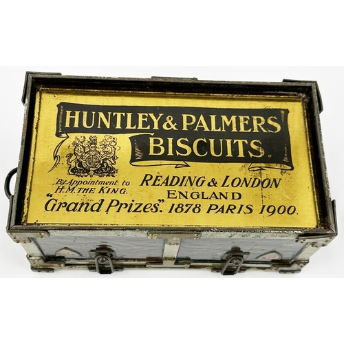 84 - HUNTLEY & PALMERS IRON CHEST BISCUIT TIN. 7.5ins long. Lithographed coloured tin, c. 1907-08, detail... 