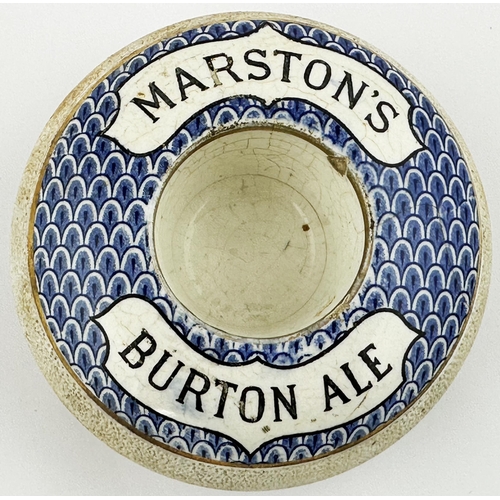 91 - MARSTONS BURTON ALES MATCHBOX HOLDER & STRIKER. 4.5ins diameter. Attractive blue & white upper decor... 