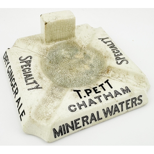 92 - CHATHAM MINERAL WATERS ASHTRAY & MATCHBOX HOLDER. 4.9ins base square. Advertising all round for T PE... 