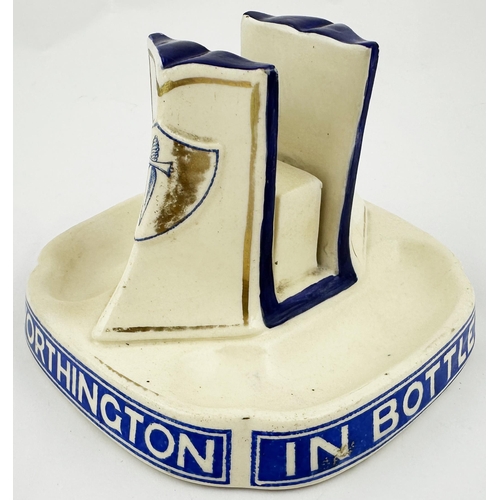 93 - WORTHINGTON IN BOTTLE ASHTRAY & MATCHBOX HOLDER. 3.3ins tall. White letters on blue twice around bas... 