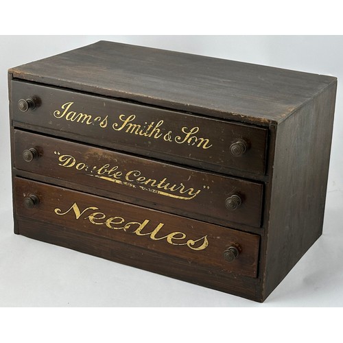 258 - ABC BRAND HAND & SEWING MACHINES HABERDASHERY SHOP NEEDLES CABINET. 15 x 9 x 9.3ins. Dark three draw... 