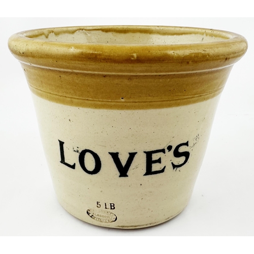 106 - LOVES PURE DAIRY BUTTER CROCK. 5.75ins tall. Black transfer double sided. Barrel pict to centre CHOI... 