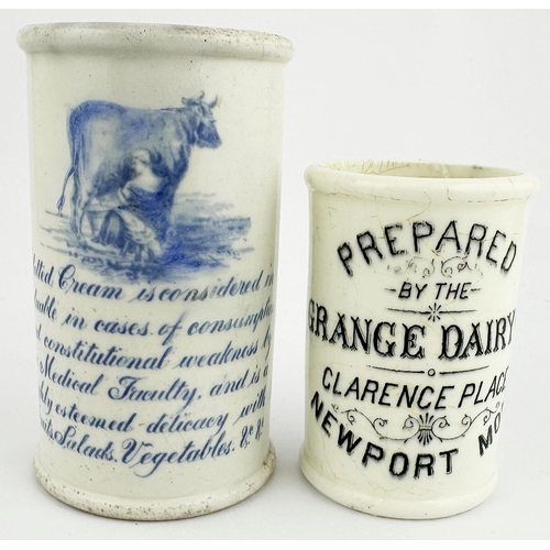 107 - NEWPORT MON CYLINDER CREAM POT. 3.25ins tall. Black transfer PREPARED/ BY THE/ GRANGE DAIRY CO/ CLAR... 