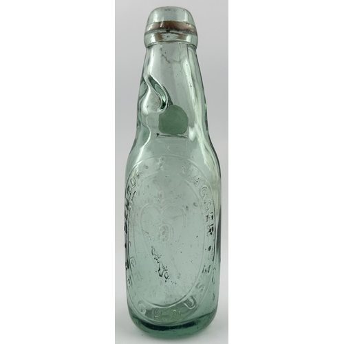 12 - BRIGHOUSE PATENT 4 CODD BOTTLE. 7.3ins tall. Aqua glass 6oz narrow neck codd. To front DENTON & JAGG... 