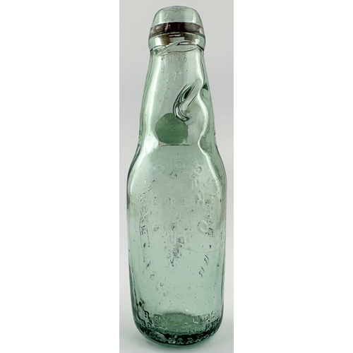 12 - BRIGHOUSE PATENT 4 CODD BOTTLE. 7.3ins tall. Aqua glass 6oz narrow neck codd. To front DENTON & JAGG... 