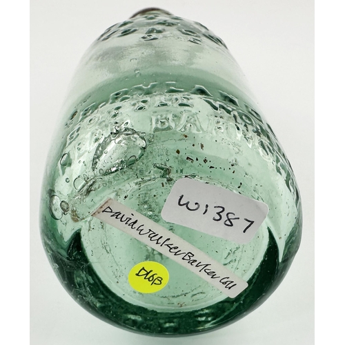 12 - BRIGHOUSE PATENT 4 CODD BOTTLE. 7.3ins tall. Aqua glass 6oz narrow neck codd. To front DENTON & JAGG... 