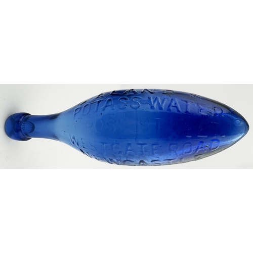 120 - ELLANDS NECASTLE BLUE GLASS HAMILTON BOTTLE. ((Nothing But the Blues p43). 9.5ins long. Cobalt blue ... 